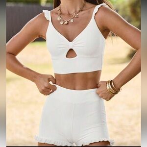 White Ruffle Strap Crop Top and High-Waisted Shorts Set Size Large Bridal
